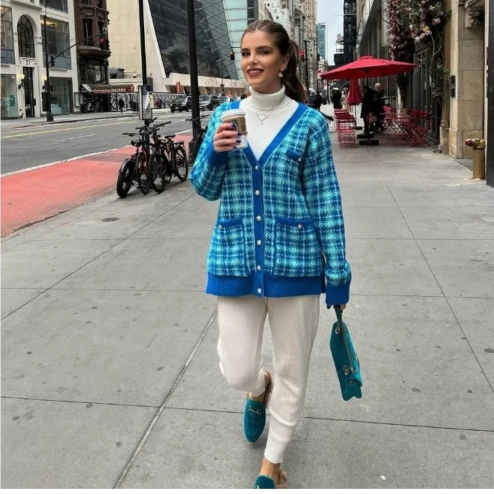 New Zara Blue Plaid Knit Long Cardigan/Jacket - Picture 4 of 7